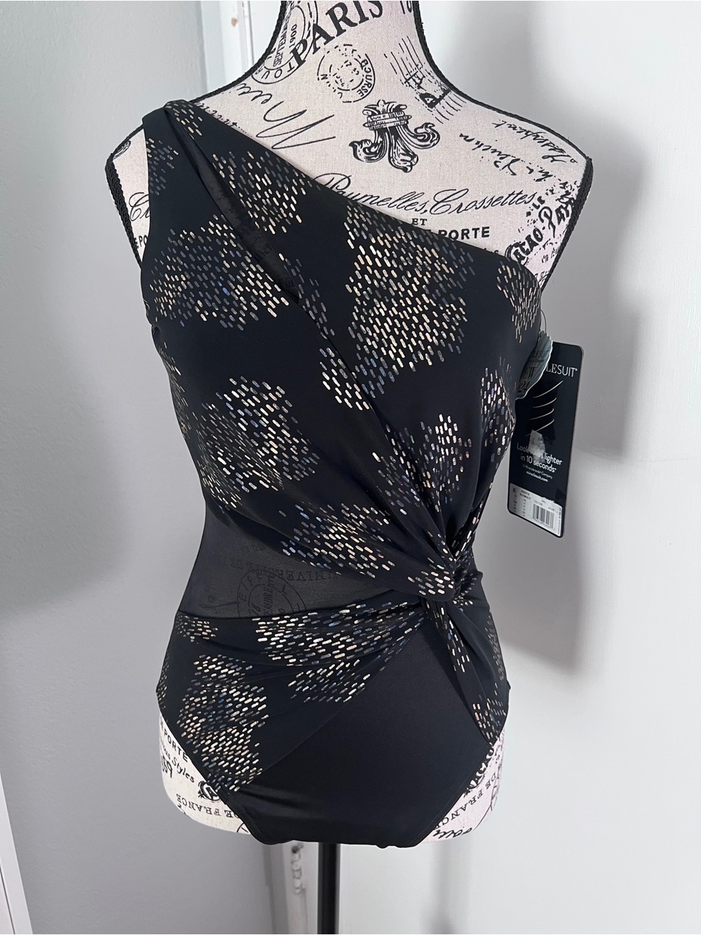Miraclesuit Black One-Shoulder Twist-Front Swimsuit with Beige Dot Print